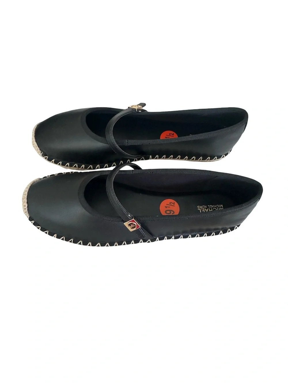 New Michael Kors Black Leather Mary Jane Espadrille Flats with Jute Trim Size 9.